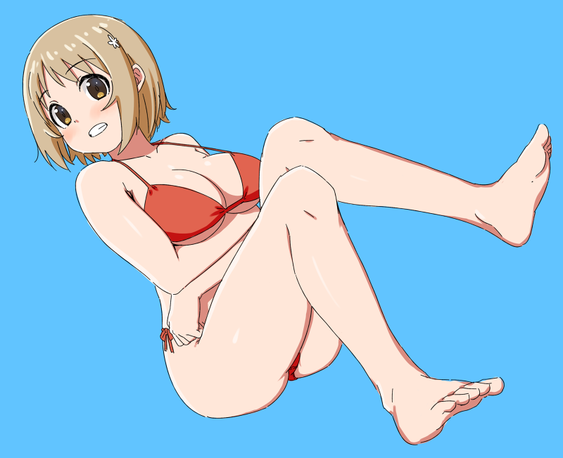 1girl, barefoot, bikini, blue_background, breasts, brown_hair, chelle_ingham, cleavage