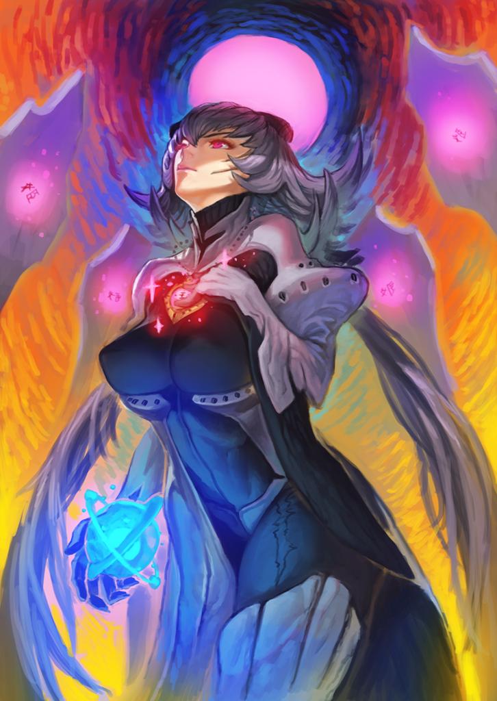 armor, bodysuit, fenris, glowing, palpa_(terra_battle), purple_hair, red_eyes, terra_battle