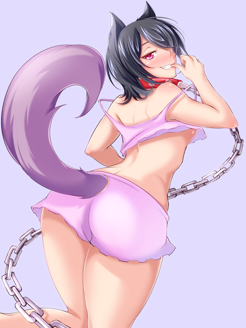1girl, animal_ears, bare_shoulders, biting_finger, black_hair, blue_eyes, chain, dog_ears