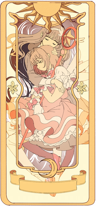2girls, card, cardcaptor_sakura, closed_eyes, daidouji_tomoyo, dress, edoya_inuhachi, frills