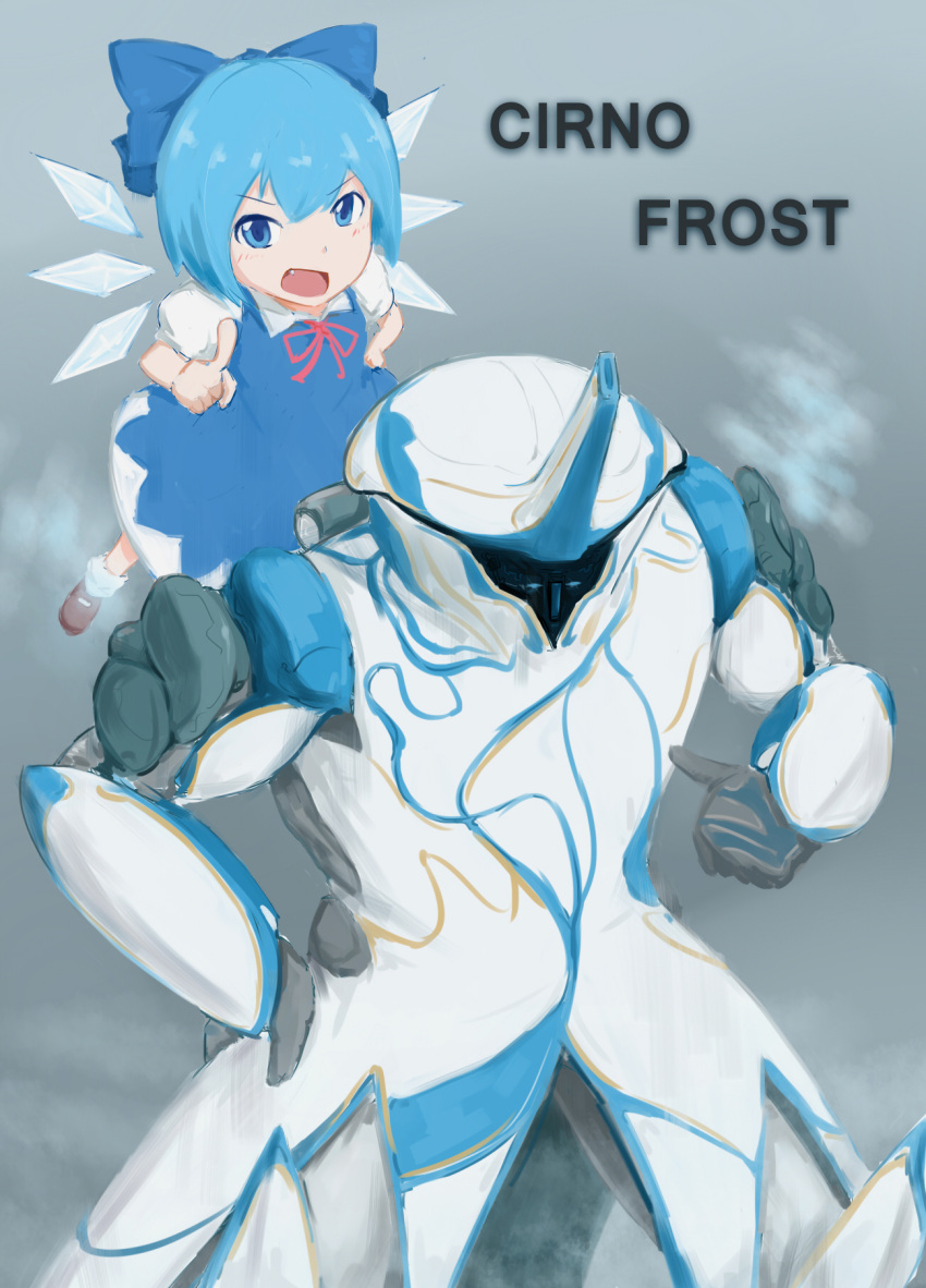 1boy, 1girl, bow, character_name, cirno, crossover, dress, frost_(warframe)