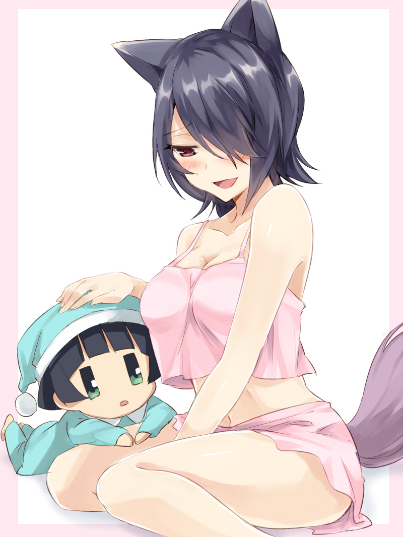 2girls, animal_ears, bangs, bare_shoulders, between_legs, black_hair, blunt_bangs, border