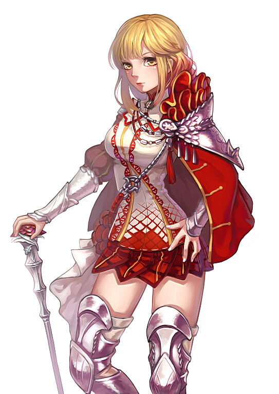 1girl, blonde_hair, bojue_yu_yaojing_695657, cane, hand_on_hip, lips, original, simple_background