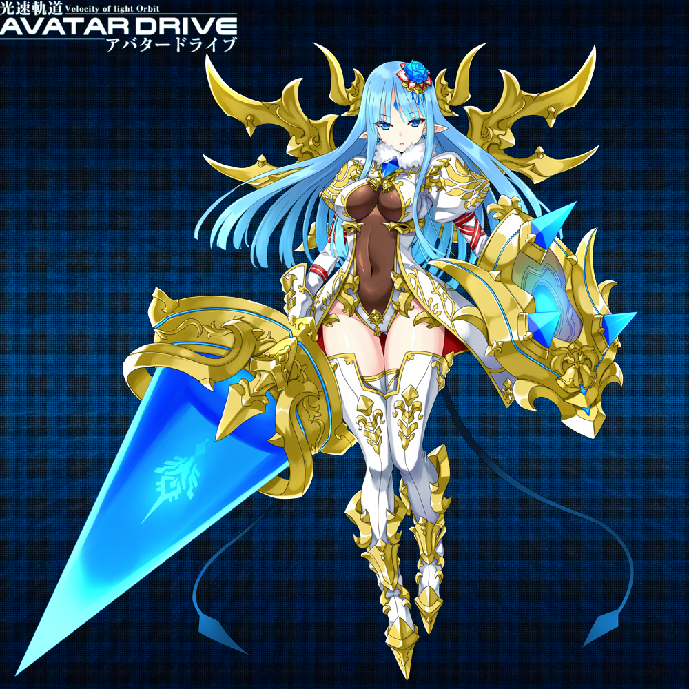1girl, armor, blue_eyes, blue_hair, boots, breasts, covered_navel, earrings