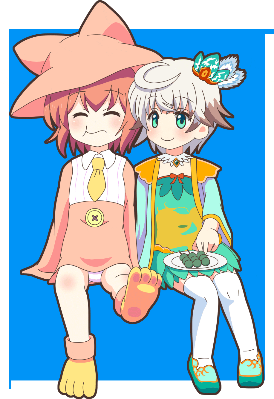 2girls, ahoge, aisha_(sennen_sensou_aigis), animated, animated_gif, awa, blue_background, chewing, eating, feeding, green_eyes, hair_ornament, hat, highres, multiple_girls, neenya_(sennen_sensou_aigis), panties, red_eyes, redhead, sennen_sensou_aigis, shoes, short_hair, smile, striped, striped_panties, thigh-highs, underwear, white_legwear