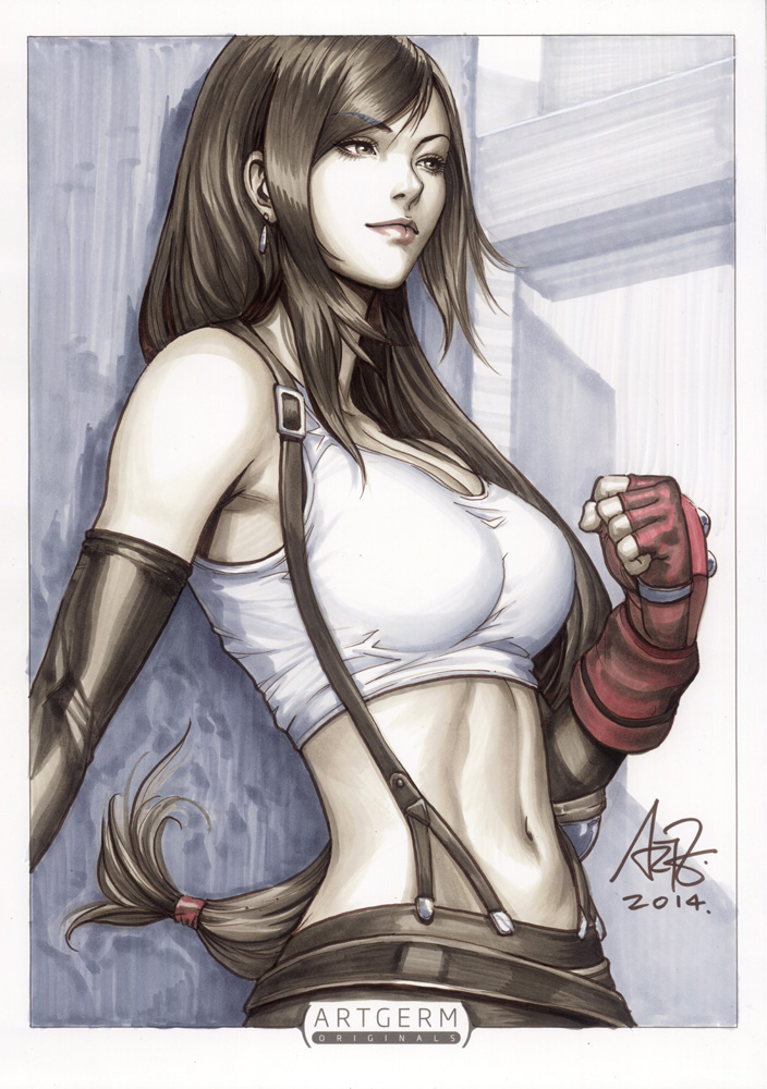 1girl, 2014, abs, against_wall, breasts, brown_hair, clenched_hand, closed_mouth, crop_top, earrings, female, final_fantasy, final_fantasy_vii, fingerless_gloves, gloves, jewelry, long_hair, looking_away, low-tied_long_hair, midriff, navel, signature, sleeveless, solo, stanley_lau, suspenders, tank_top, tifa_lockhart, traditional_media, white_tank_top