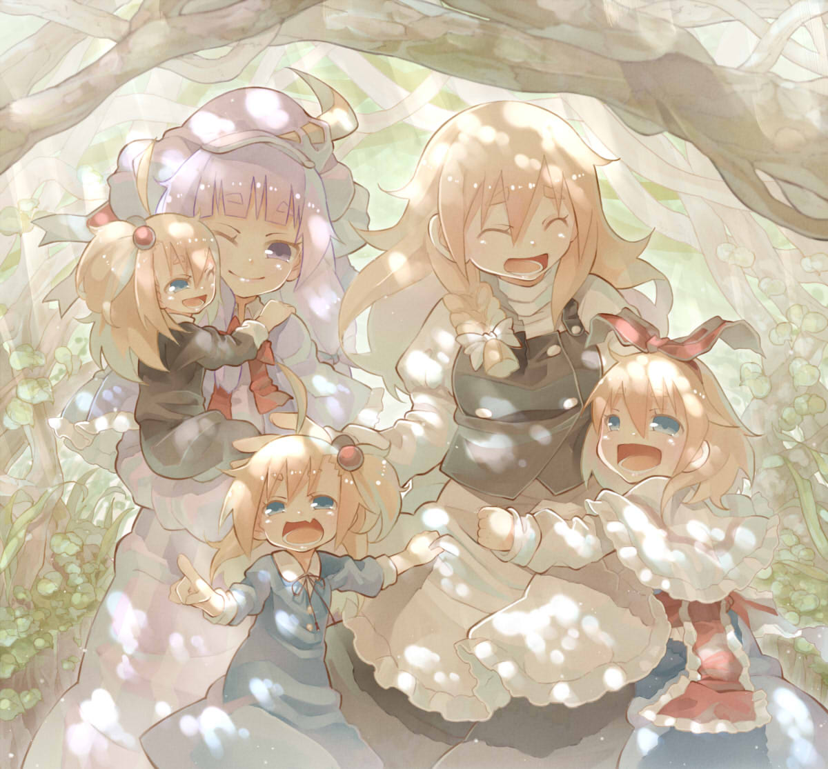 5girls, alice_margatroid, alice_margatroid_(pc-98), apron, apron_tug, blonde_hair, blue_eyes, braid