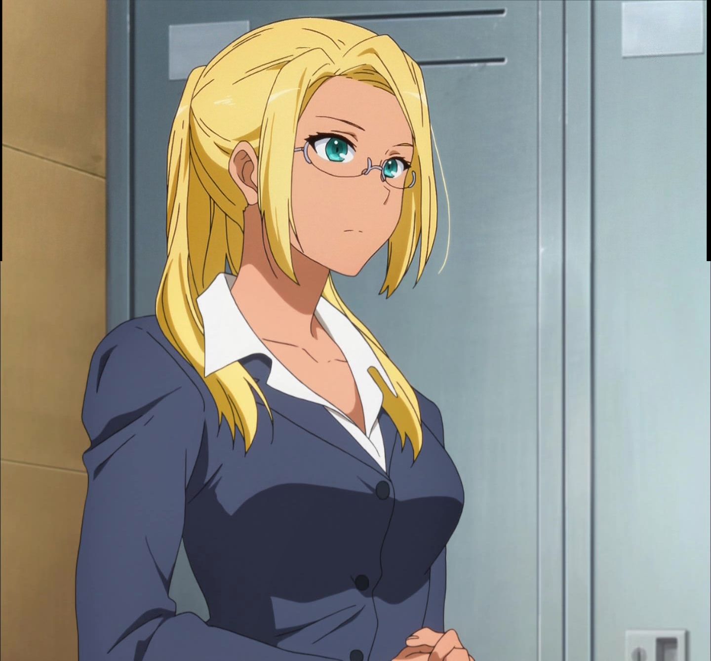 amagi_brilliant_park, ashe_(amaburi), blonde_hair, glasses, green_eyes, highres, office_lady, ponytail