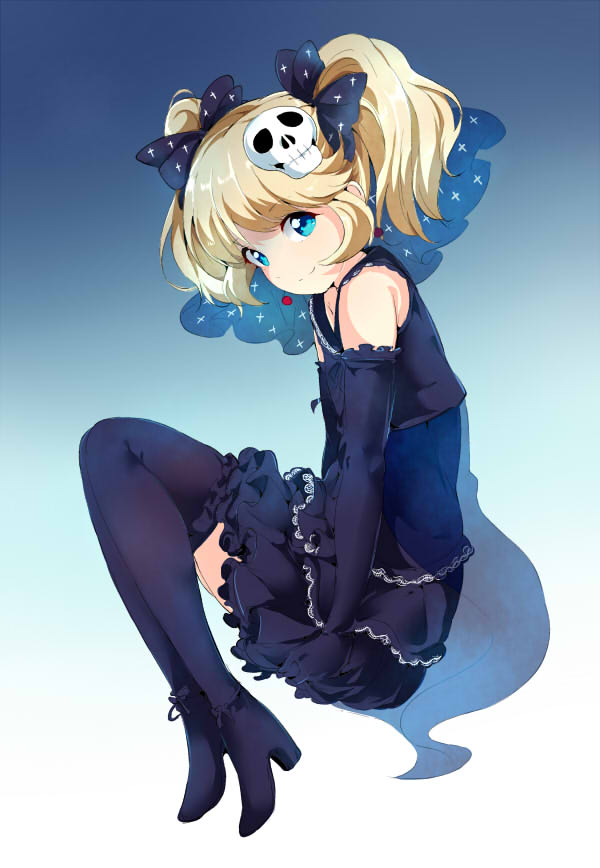 1girl, alp, black_legwear, blonde_hair, blue_eyes, blush, dress, earrings