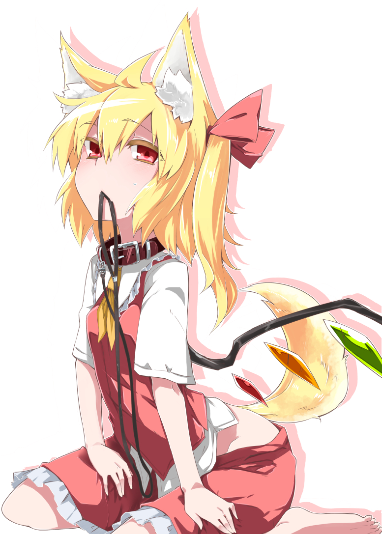 1girl, animal_ears, ariyoshi_gen, ascot, barefoot, blonde_hair, blush, collar