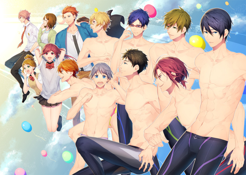 3girls, 6+boys, amakata_miho, black_hair, blonde_hair, blue_eyes, blue_hair, brown_hair, closed_eyes, everyone, free!, glasses, green_eyes, hanamura_chigusa, hazuki_nagisa, jammers, long_hair, matsuoka_gou, matsuoka_rin, mikoshiba_momotarou, mikoshiba_seijuurou, miyamotokannn, multiple_boys, multiple_girls, nanase_haruka_(free!), nitori_aiichirou, open_mouth, orange_hair, pink_hair, ponytail, red_eyes, redhead, ryuugazaki_rei, shigino_kisumi, shirtless, short_hair, sweat, swimsuit, tachibana_makoto, yamazaki_sousuke, yellow_eyes
