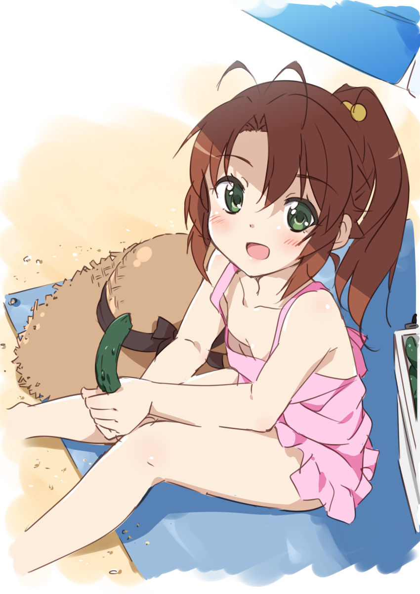 1girl, :d, absurdres, alternate_hairstyle, antenna_hair, breasts, brown_hair, cleavage