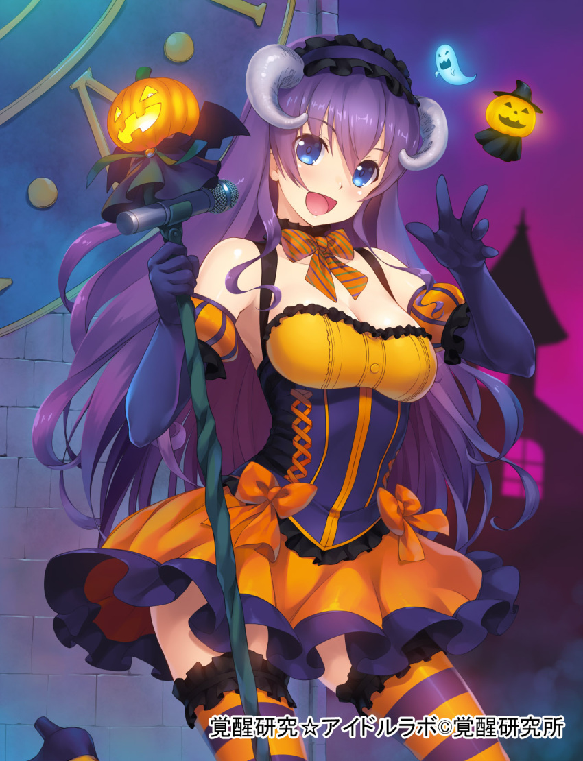 1girl, blue_eyes, breasts, cleavage, detached_sleeves, halloween, highres, horns
