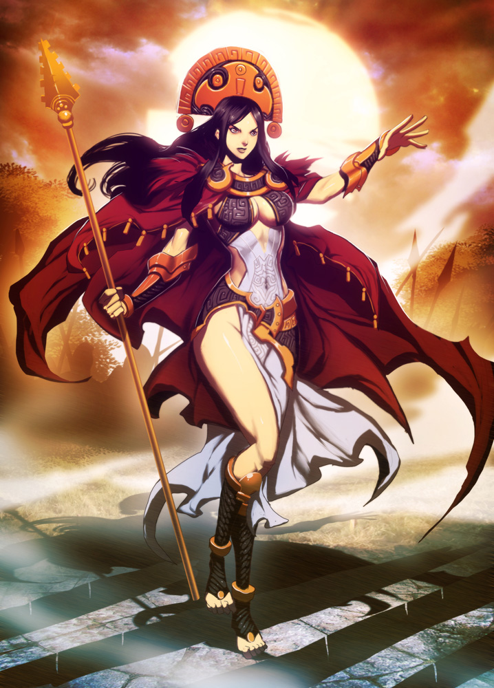 &ntilde;usta_huillac, 1girl, army, black_hair, breasts, cape, cleavage, genzoman, incan, long_hair, navel, outstretched_arm, payot, polearm, real_life, red_cape, shadow, side_slit, solo_focus, spear, stairs, sun, sunset, toeless_legwear, vambraces, weapon