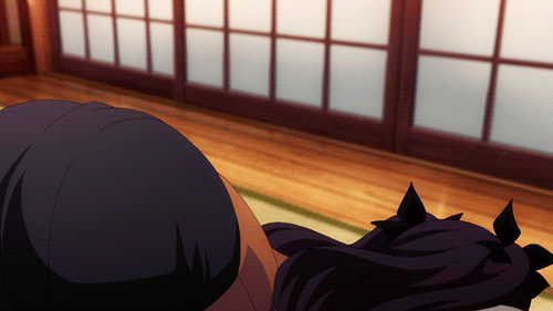 1girl, angry, animated, animated_gif, ass, bent_over, brown_hair, fate/stay_night, fate_(series), green_eyes, half_updo, long_hair, looking_at_viewer, lowres, solo, talking, tohsaka_rin, toosaka_rin, ueda_kana, what