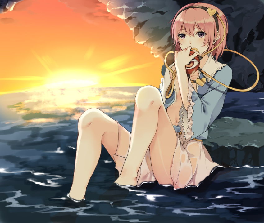 1girl, hairband, heart, komeiji_satori, long_sleeves, midriff, navel, no_bra