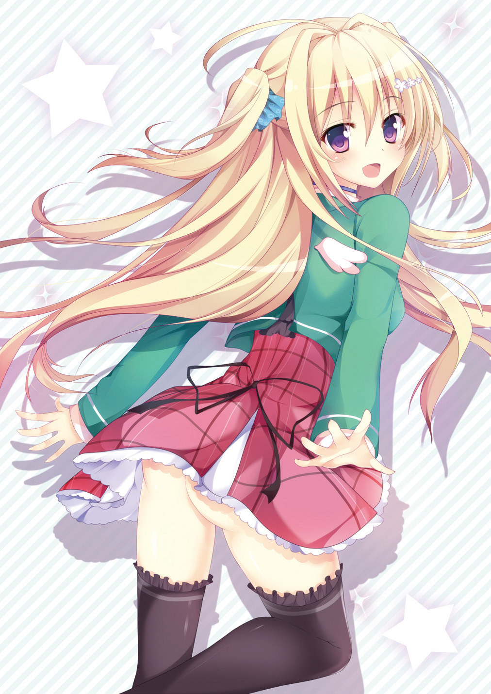 1girl, :d, ass, black_legwear, blonde_hair, hair_ornament, highres, kaniya_shiku