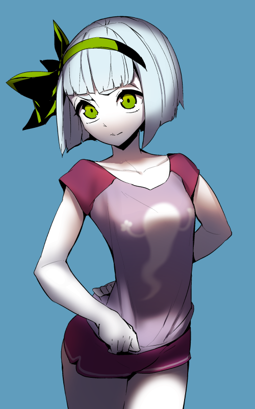 1girl, bob_cut, bow, casual, green_eyes, hair_bow, konpaku_youmu, short_pants