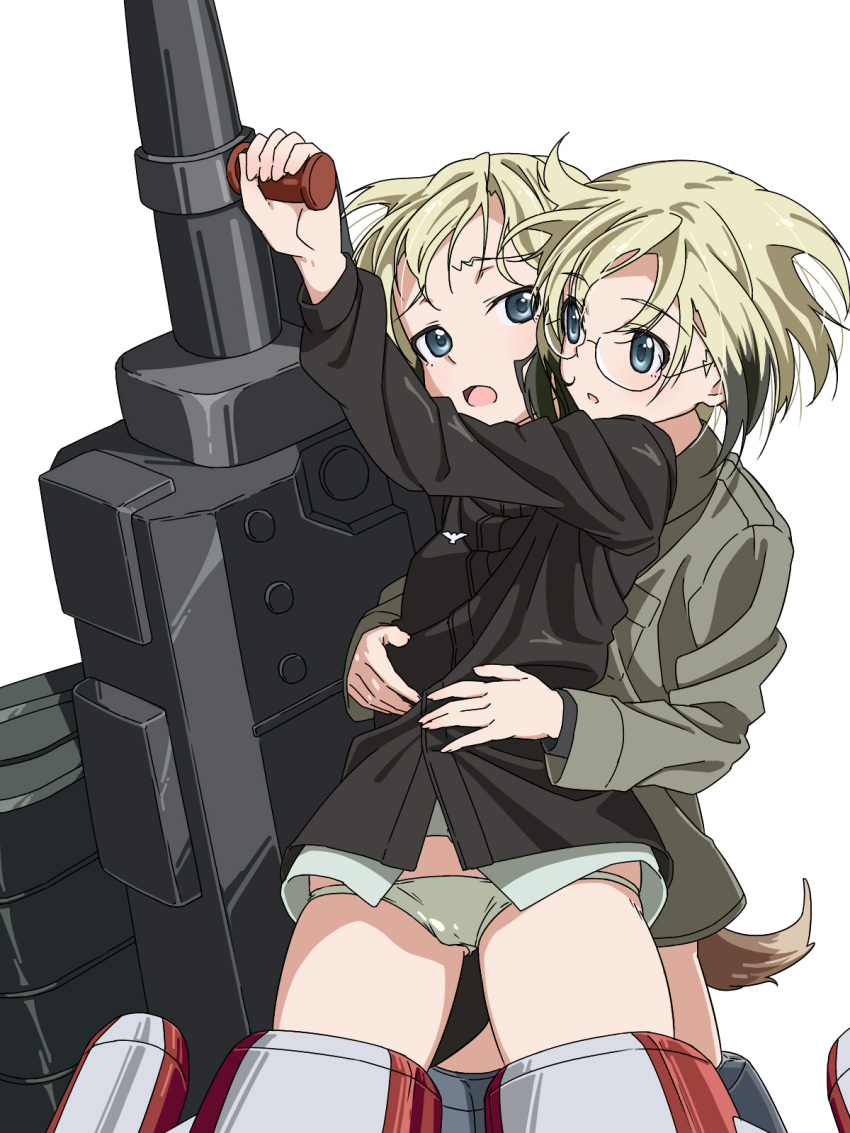2girls, :o, black_hair, blonde_hair, blush, cowboy_shot, erica_hartmann, glasses