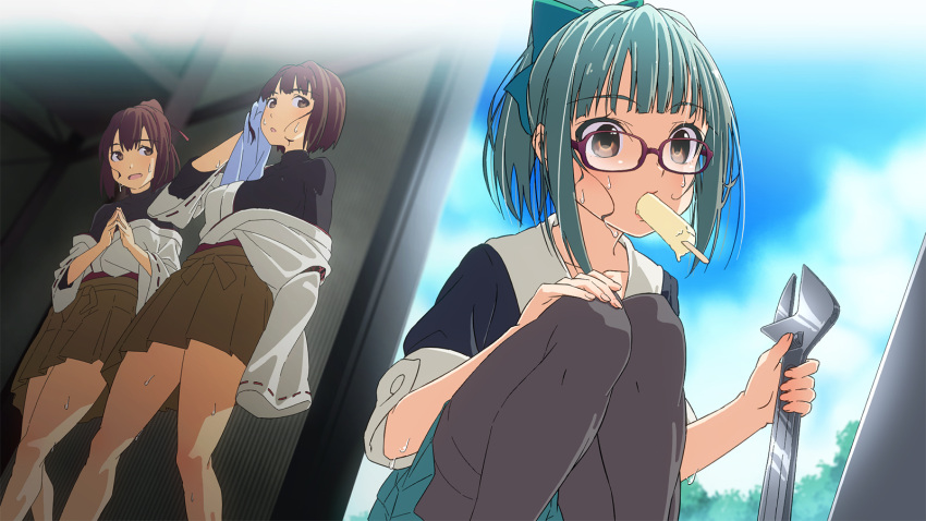3girls, bespectacled, bow, brown_eyes, brown_hair, clouds, glasses, green_hair