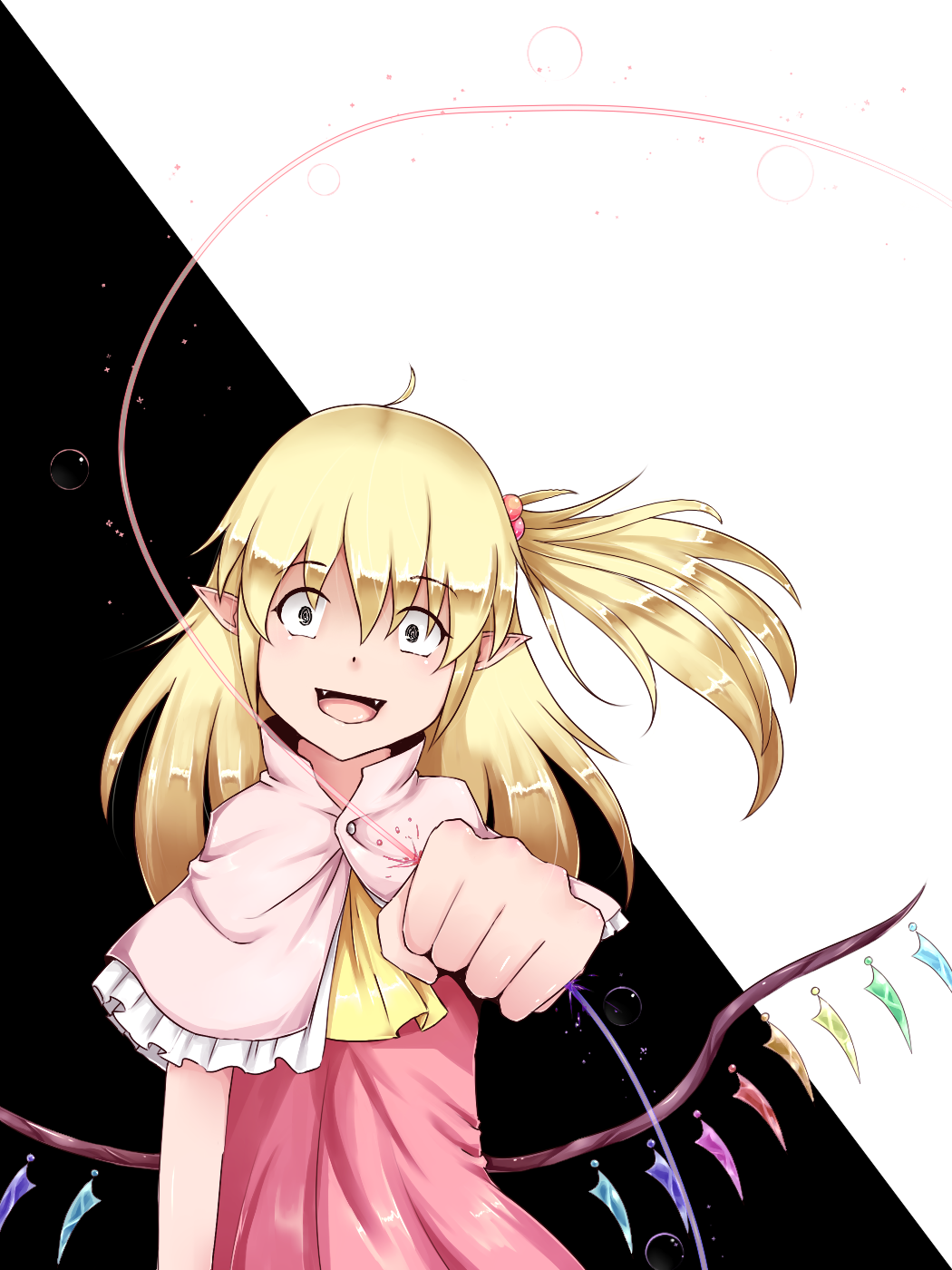 1girl, ascot, blonde_hair, capelet, crazy_eyes, crazy_smile, dress, fangs