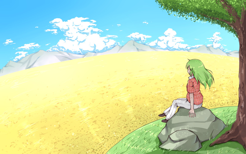 1girl, blue_sky, clouds, cloudy_sky, field, flower, flower_field, from_behind, green_hair, hiyashi_mikan, kazami_yuuka, kazami_yuuka_(pc-98), long_hair, mountain, nature, pants, scenery, shoes, short_sleeves, sitting, sitting_on_rock, sky, solo, sunflower, touhou, touhou_(pc-98), tree, white_pants
