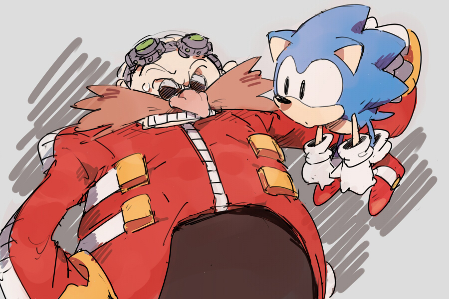 2boys, chiro_(pez777), dr._eggman, facial_hair, glasses, goggles, goggles_on_head, height_difference, holding, mustache, size_difference, sonic, sonic_(series), sonic_the_hedgehog, sonic_the_hedgehog_(classic)