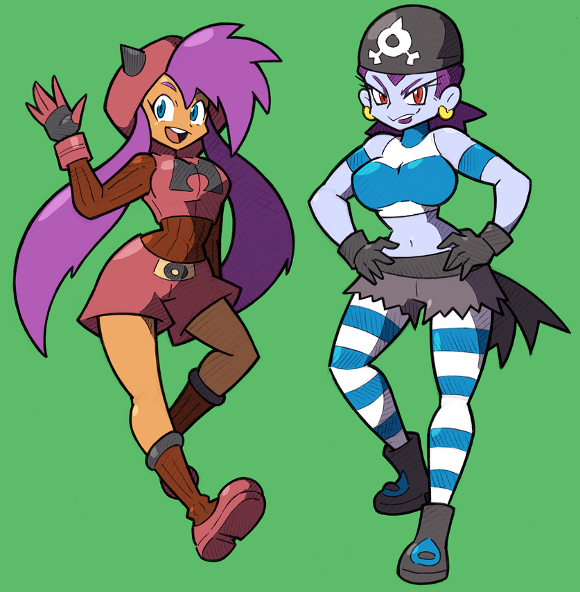 2girls, alternate_hairstyle, ankle_boots, armband, bandana, black_gloves, blue_eyes, blue_skin