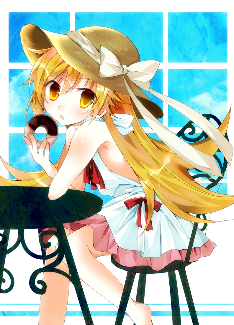 1girl, blonde_hair, chair, doughnut, dress, hat, long_hair, mameguri, monogatari_(series), oshino_shinobu, table, yellow_eyes