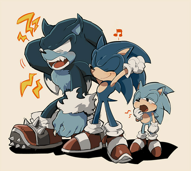 3boys, aoki_(fumomo), blue_fur, classic_sonic, closed_eyes, fangs, furry, gloves