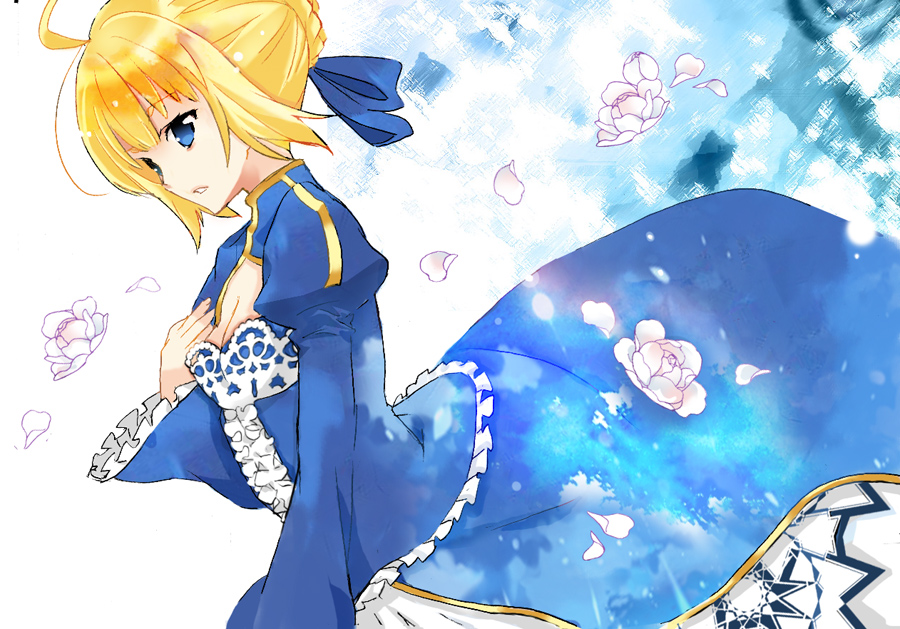 1girl, ahoge, blonde_hair, blue_eyes, dress, fate/stay_night, fate_(series), hair_ribbon