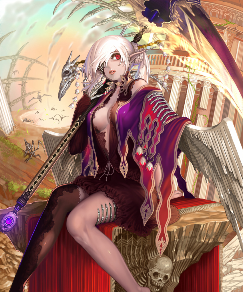 1girl, breasts, center_opening, clouds, hair_over_one_eye, highres, lips, long_hair