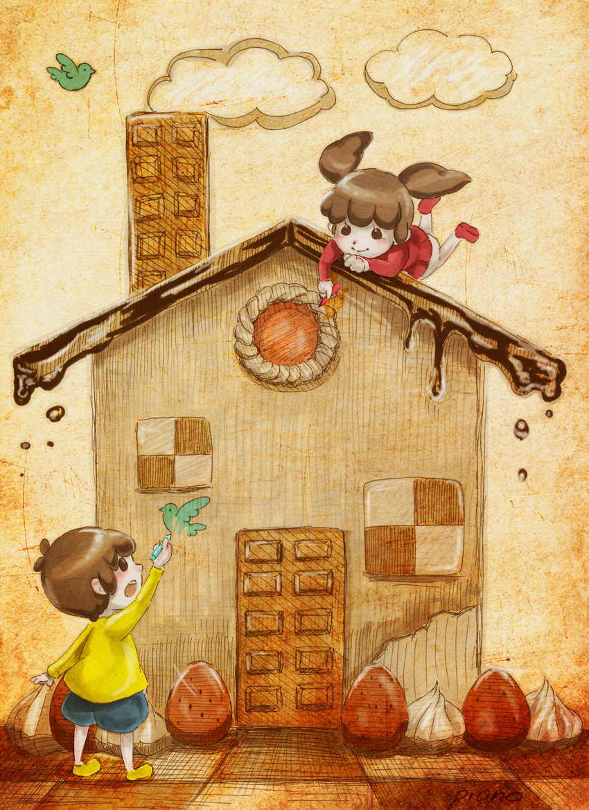 1boy, 1girl, bird, brown_eyes, brown_hair, child, chimney, chocolate