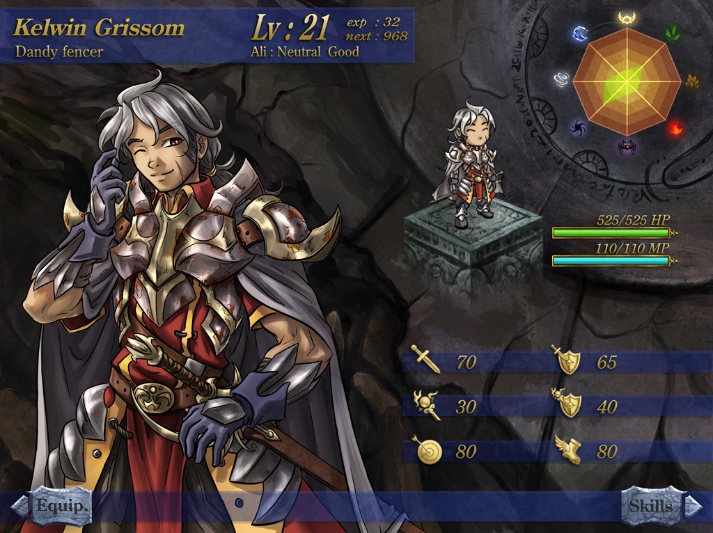 1boy, armor, cape, character_name, closed_eyes, cowboy_shot, fake_screenshot, full_body
