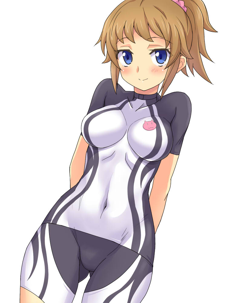 1girl, arms_behind_back, blue_eyes, blush, bodysuit, breasts, brown_hair, covered_navel