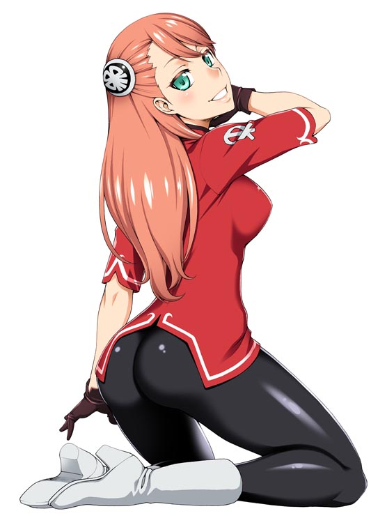 1girl, aida_reihanton, ass, boots, breasts, from_behind, gloves, green_eyes