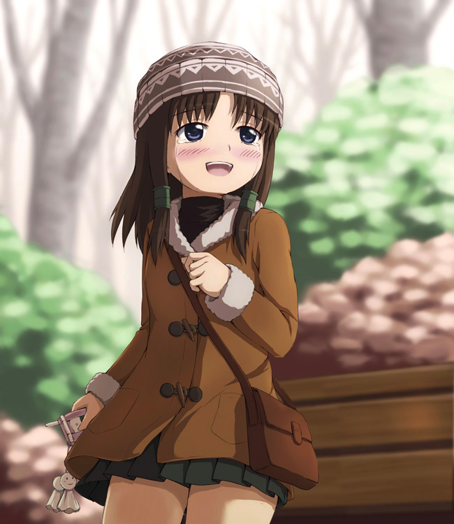 beidan, bench, blue_eyes, blush, cellphone, child, coat, good_end