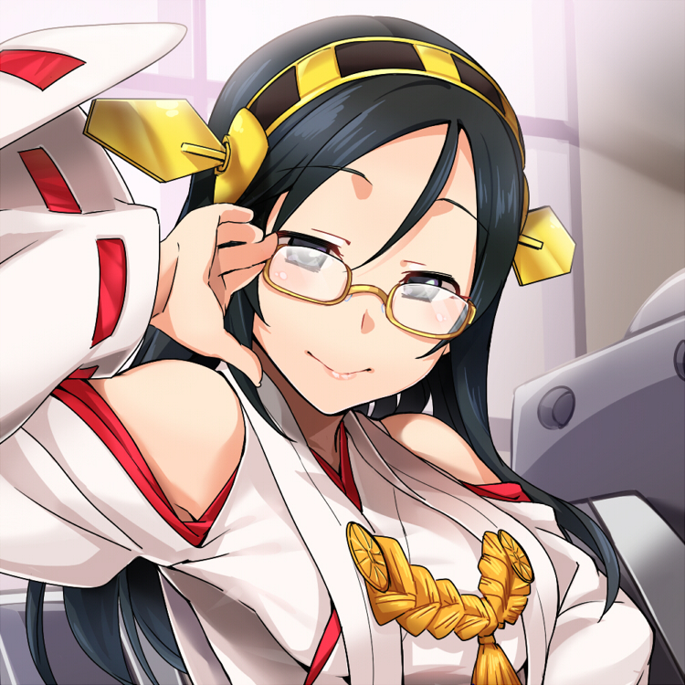 1girl, adjusting_glasses, black_eyes, black_hair, blush, bust, cosplay, detached_sleeves