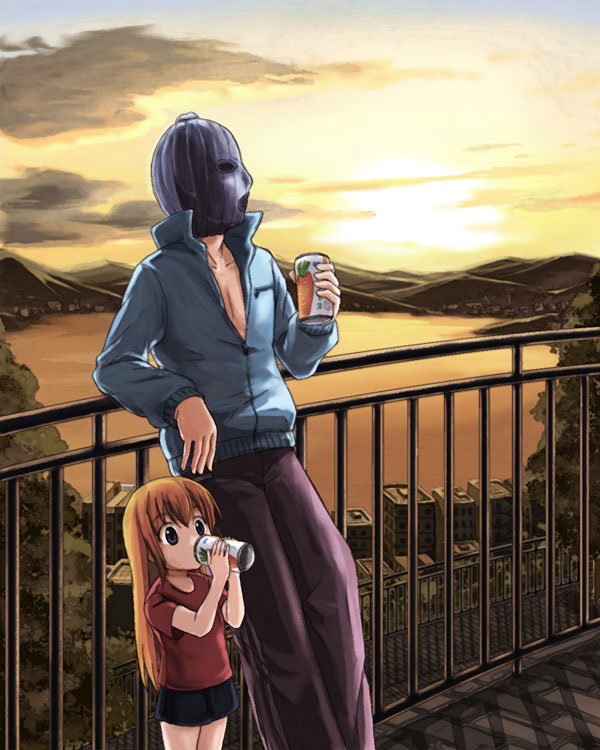 beidan, brown_hair, can, carrot_juice, child, drinking, long_hair, open_clothes