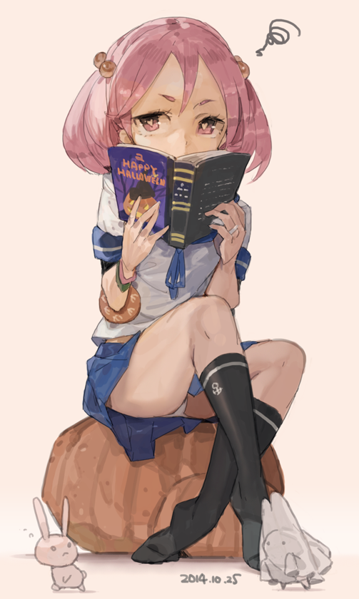 1girl, book, hair_bobbles, hair_ornament, jewelry, kantai_collection, kneehighs, legs