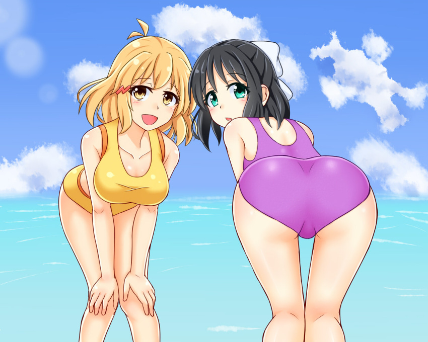 antenna_hair, ass, bent_over, bikini, blush, etan14, green_eyes, hands_on_knees, kohinata_miku, looking_at_viewer, looking_back, one-piece_swimsuit, open_mouth, purple_swimsuit, senki_zesshou_symphogear, short_hair, swimsuit, tachibana_hibiki_(symphogear), yellow_bikini, yellow_eyes