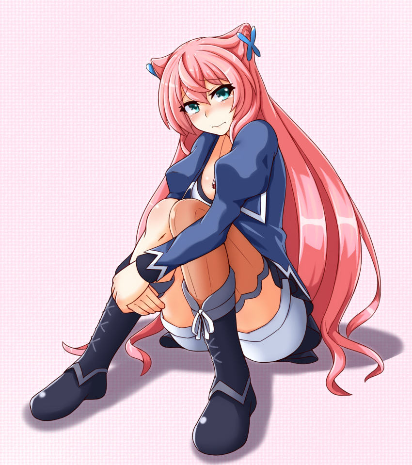 1girl, boots, etan14, green_eyes, highres, leg_hug, long_hair, maria_cadenzavuna_eve