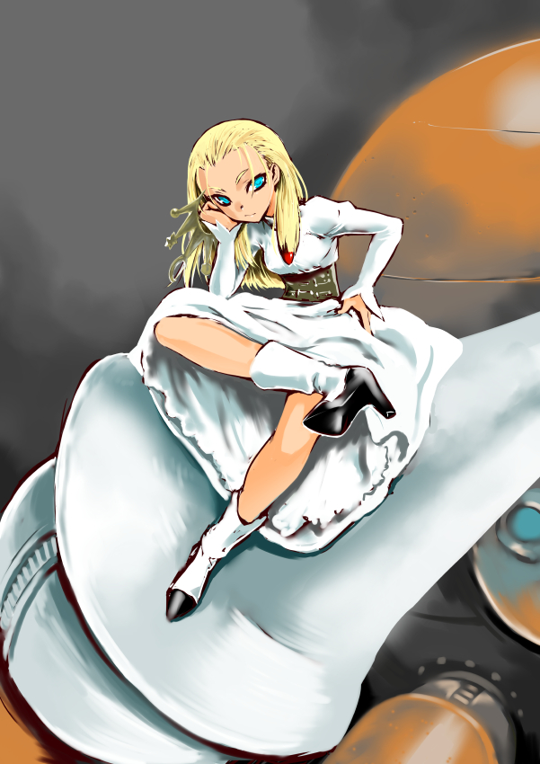 1girl, ankle_boots, blonde_hair, blue_eyes, boots, chin_rest, corset, cyberbots