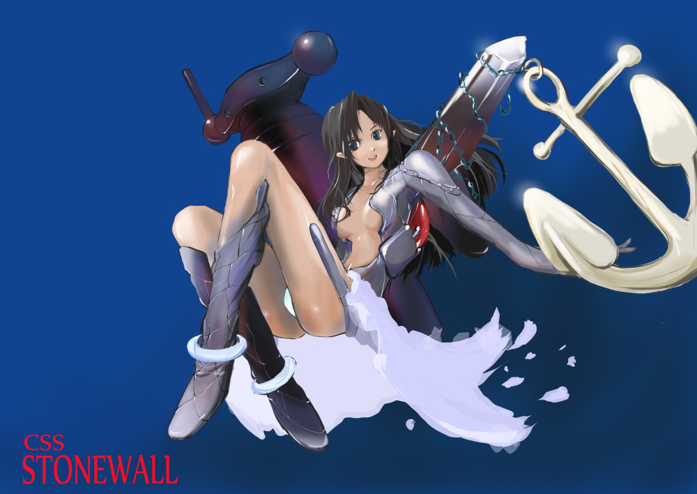 1girl, anchor, anklet, azuma-kan_(css_stonewall), black_hair, blue_background, blue_eyes, character_name