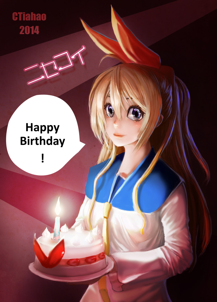 1girl, absurdres, ahoge, birthday_cake, blonde_hair, blue_eyes, cake, candle