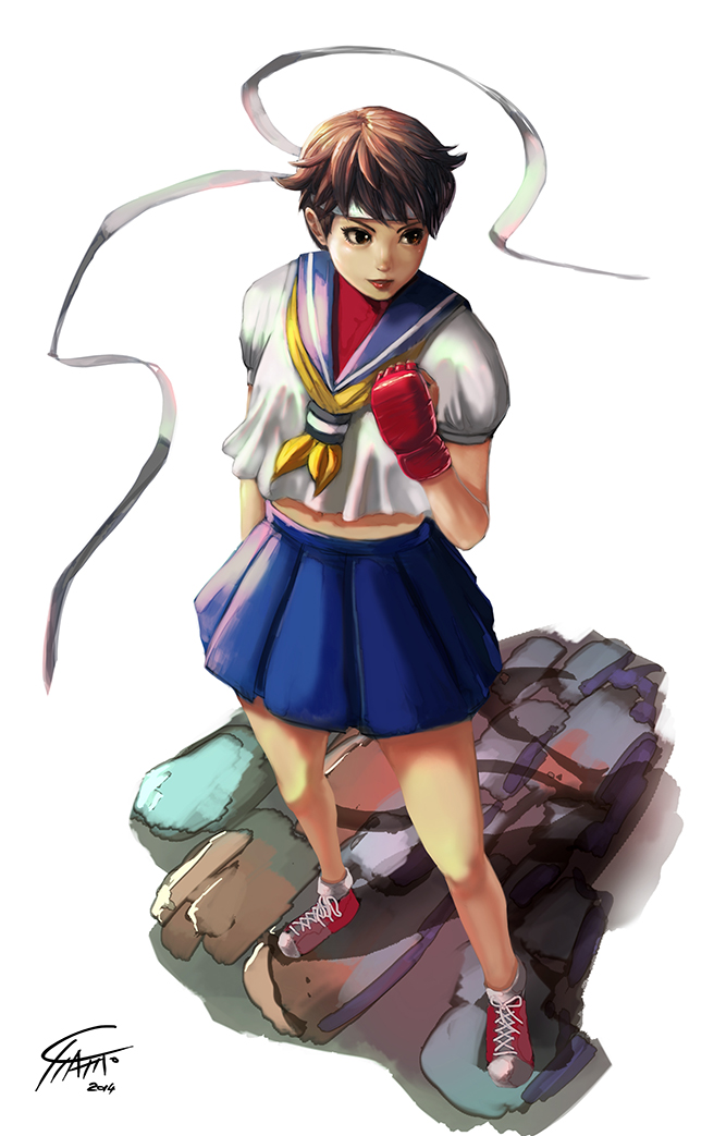 1girl, brown_eyes, brown_hair, clenched_hand, ctiahao, fingerless_gloves, gloves, headband, kasugano_sakura, lips, midriff, school_uniform, serafuku, shoes, short_hair, skirt, sneakers, solo, street_fighter
