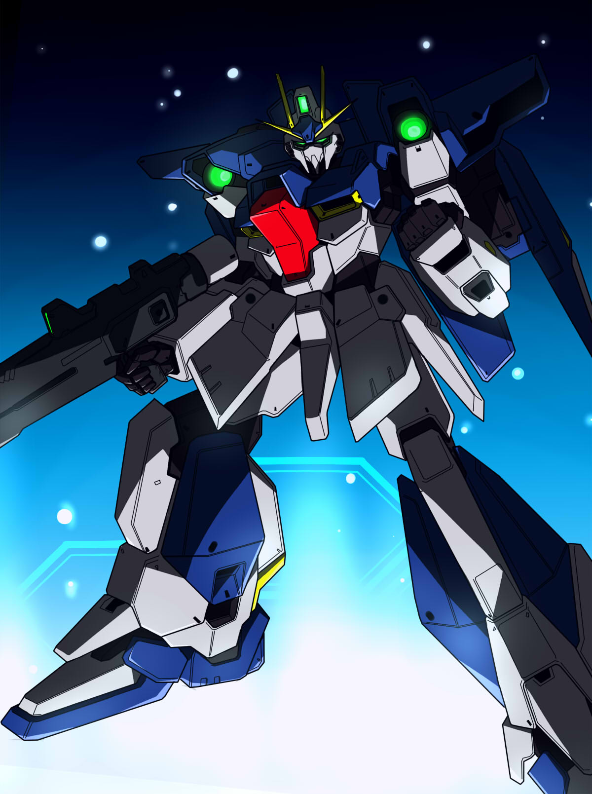 beam_rifle, commentary_request, energy_gun, gundam, gundam_build_fighters, gundam_build_fighters_try, highres, lightning_gundam, mecha, weapon
