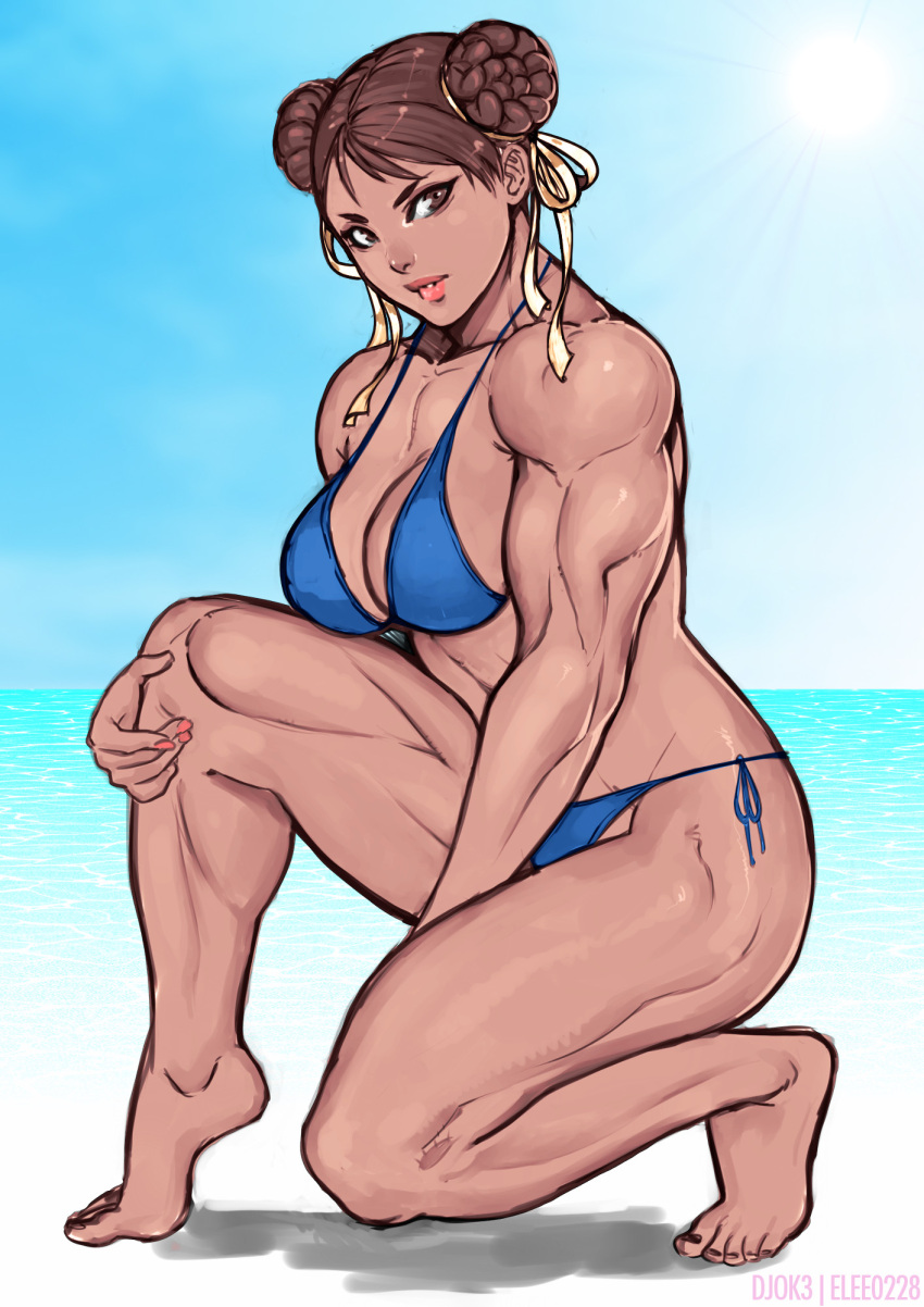 1girl, barefoot, bikini, blue_bikini, breasts, brown_eyes, brown_hair, chun-li