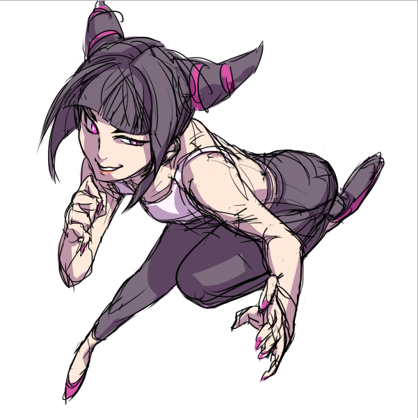 1girl, alternate_costume, black_hair, casual, fighting_stance, han_juri, indorian, nail_polish, pants, raised_eyebrow, short_hair, short_twintails, sketch, solo, spaghetti_strap, street_fighter, street_fighter_iv, super_street_fighter_iv, tank_top, twintails, violet_eyes