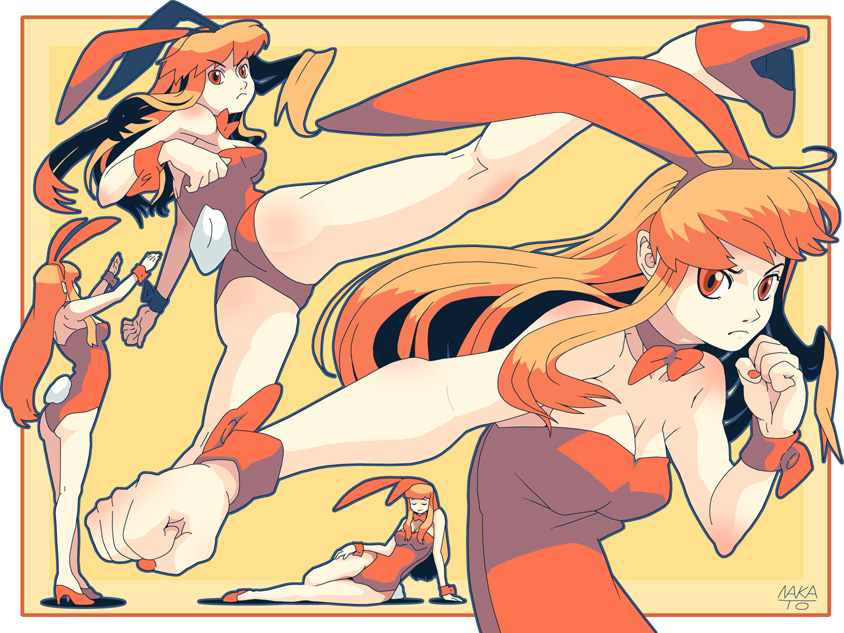 bare_legs, bunny_ears, bunny_girl, bunnysuit, fighting_stance, high_kick, kicking, kneepits, leotard, long_hair, nakato, orange_eyes, orange_hair, original, punching, rabbit_ears